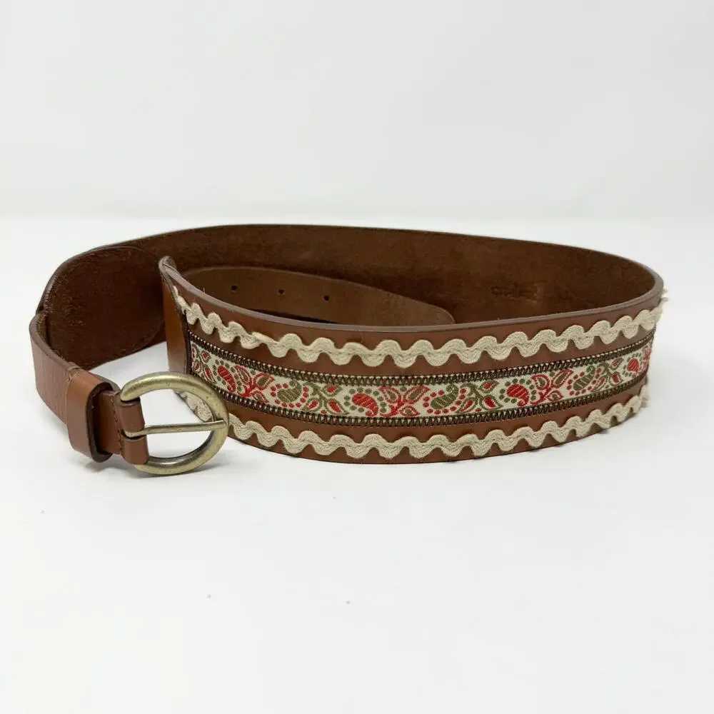Brown Leather Folk Belt Paisley Fabric Rickrack Festival Ren Faire Peasant Sz M - Picture 1 of 12
